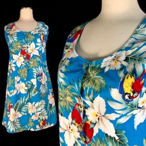 Vintage Hawaiian Mini Dress, Size Medium, Parrots and Tropical Designs