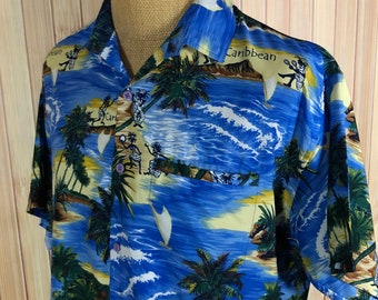 Hawaiian Shirt, Size Large, Blue with Tropical Caribbean Island Graphics, Made by Rima