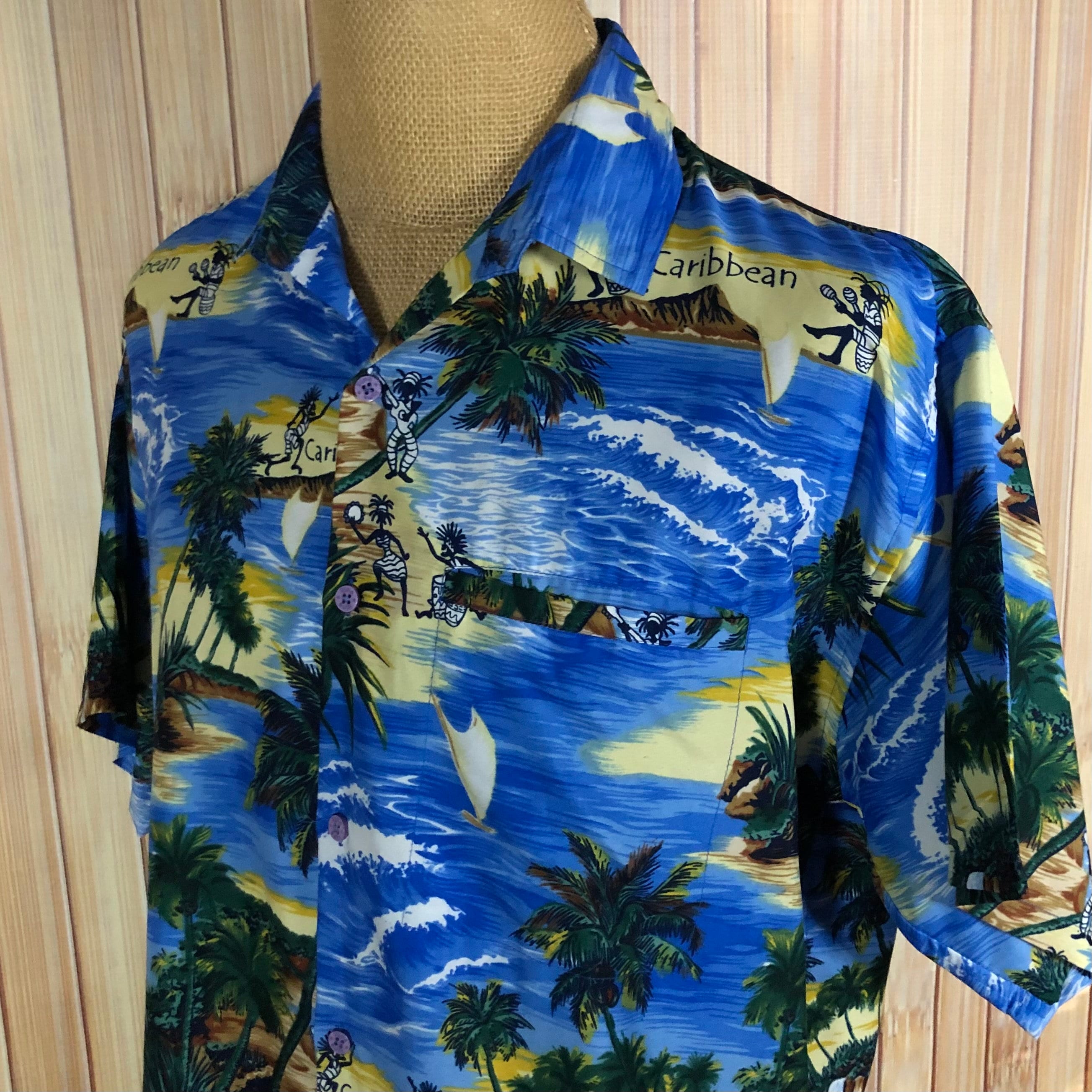 Hawaiian Shirt, Size Large, Blue with Tropical Caribbean Island Graphics, Made by Rima