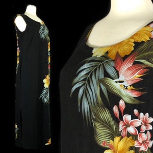 Vintage Hawaiian Dress, Size Medium, Black with Colorful Tropical Designs