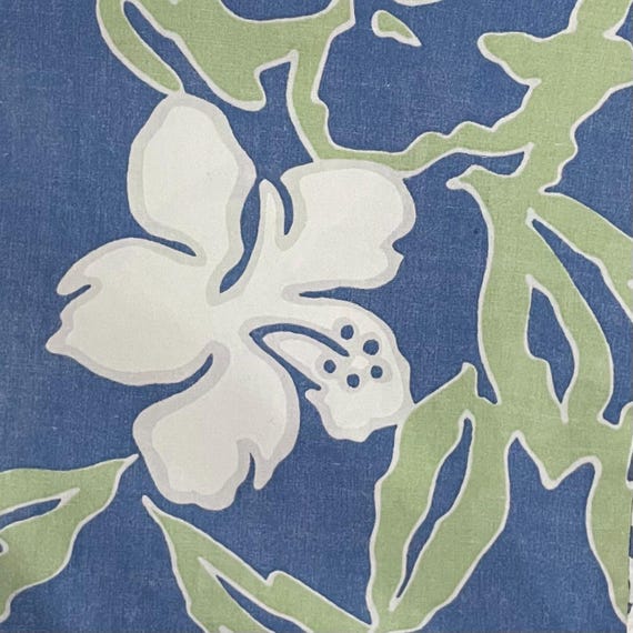 Hawaiian Shirt, Size Large, Reverse Print Fabric, Blue with Green and White Tropical Graphics, Made by Cooke Street Honolulu View 3