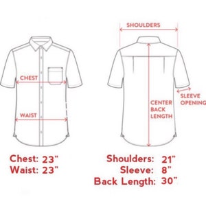 May include: A white short-sleeved shirt with a button-down collar and a pocket on the left side. The shirt is laid flat and measurements are marked for chest, waist, shoulders, sleeve, and back length in inches.