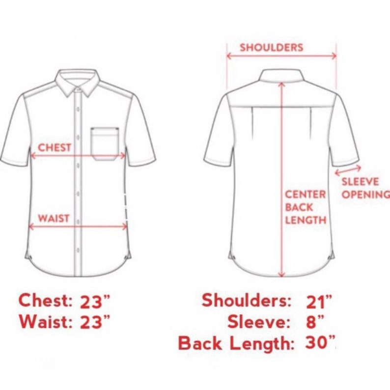 May include: A white short-sleeved shirt with a button-down collar and a pocket on the left side. The shirt is laid flat and measurements are marked for chest, waist, shoulders, sleeve, and back length in inches.