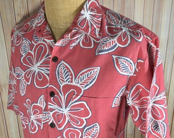 Hawaiian Shirt, Size Large, Salmon Colored Shirt with White and Gray Tropical Graphics, Made by Pau Hana Hawai’i