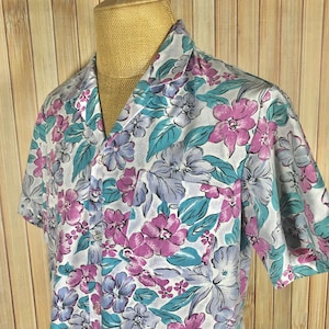 Vintage Aloha Shirt, Reverse Print with Tropical Flower Graphics, Size Large, Made in Hawaii by Live Hawaii