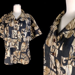 Ladies Hawaiian Shirt from Hilo Hattie, Size XL, Tapa Inspired Tropical Graphics