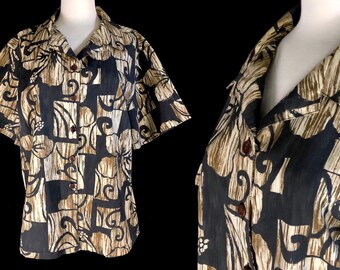 Ladies Hawaiian Shirt from Hilo Hattie, Size XL, Tapa Inspired Tropical Graphics