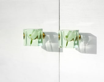 Snowdrop flowers in green cabinet knobs cube size, Nightstand knobs, Home decor, furniture pull, Housewarming gift, Unique