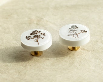 Set of 2 - White knobs with real Cleaver plants, Galium aparine, Nightstand, Ikea furniture, Gift idea, Bedroom pulls