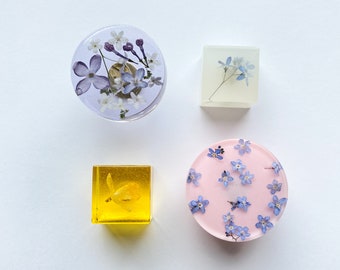 Set of 4 - Unique combo of furniture knobs with Forget me not flowers, Narcissus and Lilac