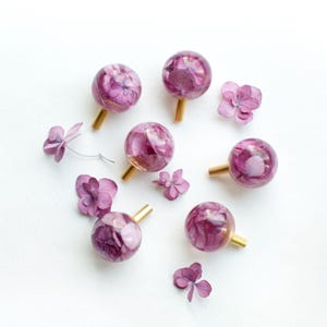 Pink/purple Hydrangea flowers in pinkish sphere round furniture knobs, Christmas gift, furniture pull, hardware, dresser knob