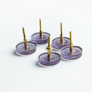 Set of 5 Purple see-through colored furniture knobs with real Bluebell flowers, minimalistic modern, clear pulls image 5