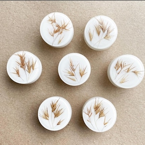 May include: Six round white coasters with dried grass pressed into the resin. The coasters are arranged in two rows of three.