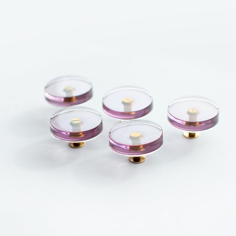 Set of 5 Pink / purple see-through colored furniture knobs, minimalistic modern, clear pulls image 1