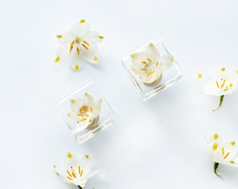 Set of 2 - White flowers in clear cabinet knobs