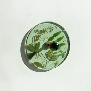 Könnte beinhalten: Ein runder, hellgrüner Harzknauf mit eingebetteten Blättern und kleinen weißen Blüten. Der Knauf hat einen Messingfuß und einen dunkelgrünen, kugelförmigen Griff. Das Design ist botanisch und natürlich.
