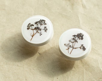 White knobs with real Cleaver plants, Galium aparine, Nightstand, Ikea furniture, Gift idea, Bedroom pulls