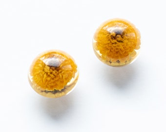 Set of 2 - Yellow-orange Chrysanthemum flowers in yellow cabinet knobs, Nightstand pulls, Housewarming gift