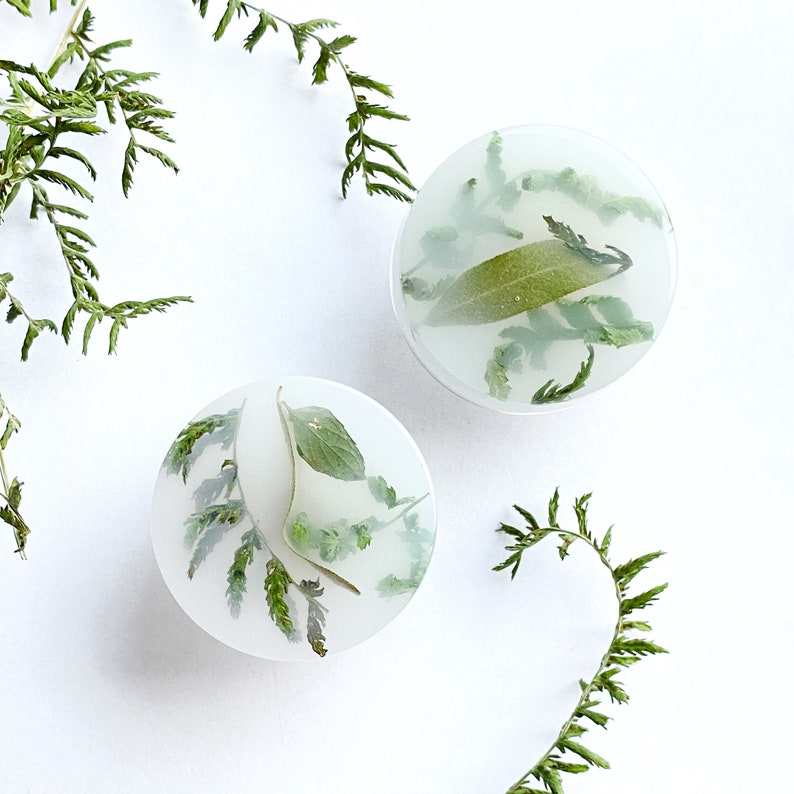 Set of 2 Abstract white cabinet knobs with different green plants image 1