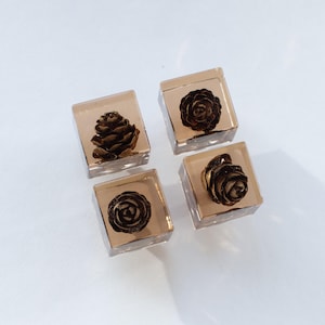 以下が含まれることがあります： 透明な樹脂製のキューブが4つ。松ぼっくりが1つ、バラのデザインが施されたものが3つ。キューブは温かみのある琥珀色で、白い表面に配置されています。