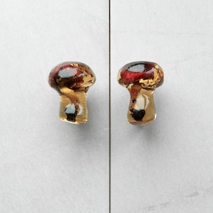 May include: Two mushroom-shaped cabinet knobs. The knobs have a clear, amber-colored base with red and black accents in the mushroom cap. The knobs are mounted on a white surface.