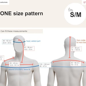 May include: Diagram showing measurements for a one size pattern that fits sizes S/M. The diagram shows measurements for the head, shoulders, and back. Measurements are given in both inches and centimeters.
