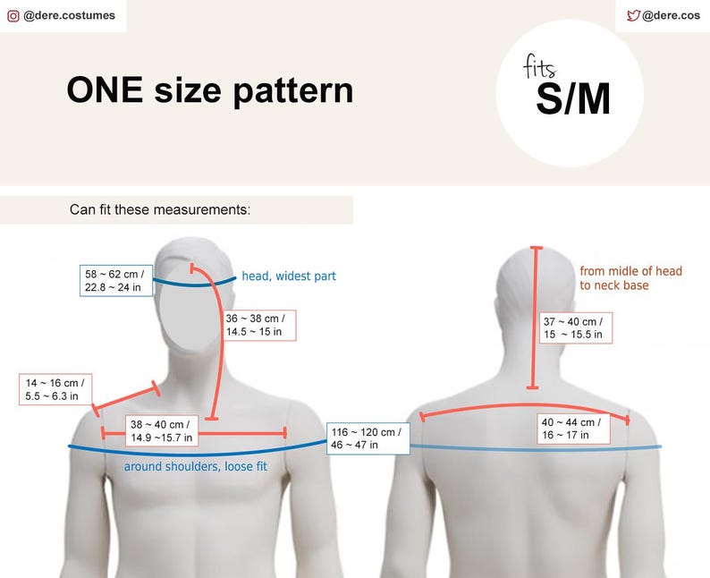May include: Diagram showing measurements for a one size pattern that fits sizes S/M. The diagram shows measurements for the head, shoulders, and back. Measurements are given in both inches and centimeters.