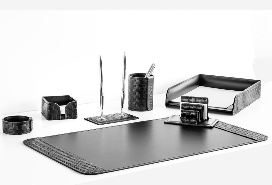 Brown Leather Desk Set Black Leather Table Set Green Etsy