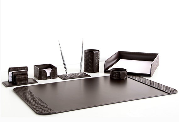 Brown Leather Desk Set Black Leather Table Set Green Etsy