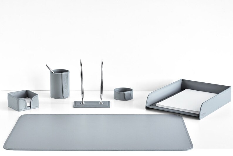 Gray Leather Desk Set Dark Brown Office Desk Set Leather Etsy