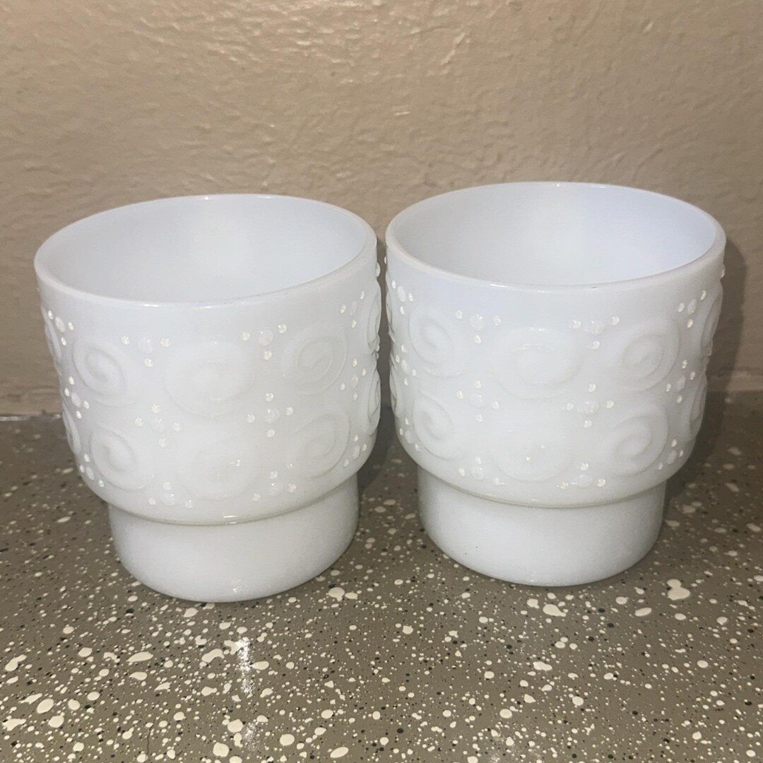 Vintage Milk Glass Swirl Pattern Stacking Mugs Set of 2 White ...