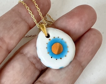 Porcelain Evil Eye Necklace, Good Luck Charm, Modern Evil Eye, Porcelain Jewelry, Talisman, Amulet, Turkish Eye, Protective Jewelry
