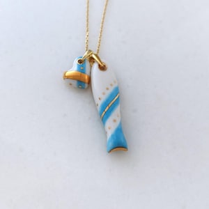 Blue Porcelain Sardine Fish Necklace with Heart, Good Luck Charm, Talisman, Elegant Jewelry, Handmade Fish Necklace, Blue Fish Jewelry