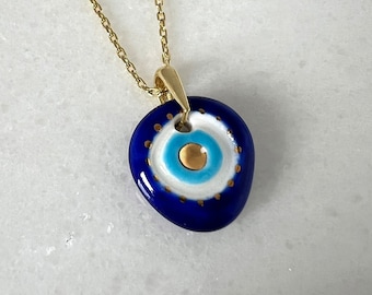Porcelain Evil Eye Necklace, Navy Blue, Good Luck Charm, Porcelain Jewelry, Talisman, Amulet, Turkish Eye