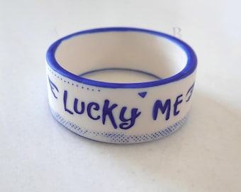 Blue Matte Porcelain Large Bangle Bracelets, One of a kind Jewelry, Handmade Statement Bangle, Lucky Me, Evil Eye Bracelet, Postitive Vibes