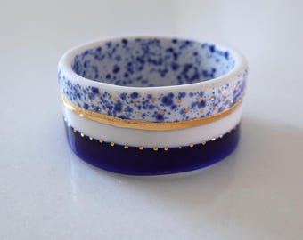 Blue Porcelain Medium Size Bangle Bracelet, One of a kind Jewelry, Handmade Statement Bangle, Big and Bold Bracelet