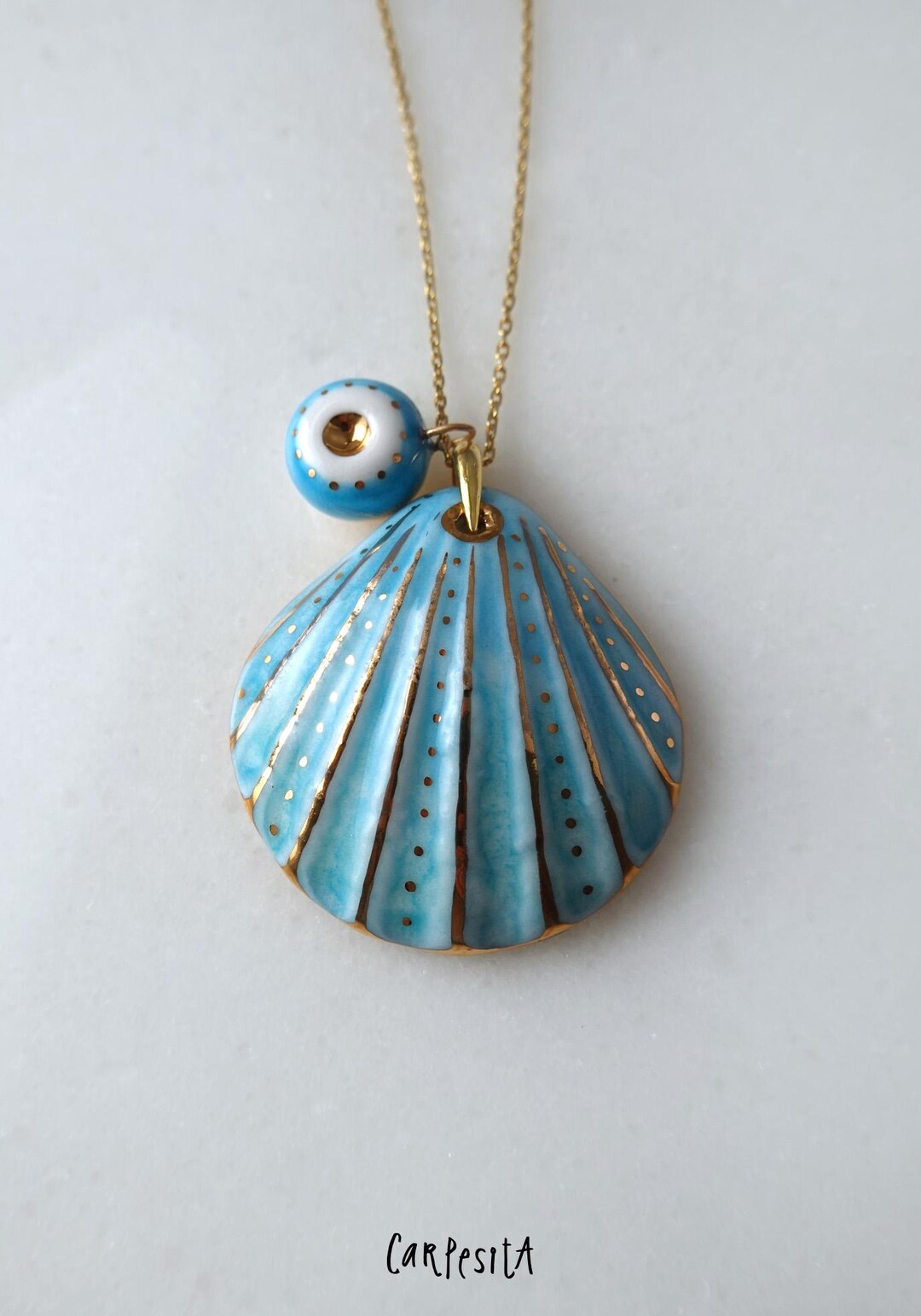 Turquoise Blue Shell Necklace With Evileye Charm, Handmade Porcelain ...