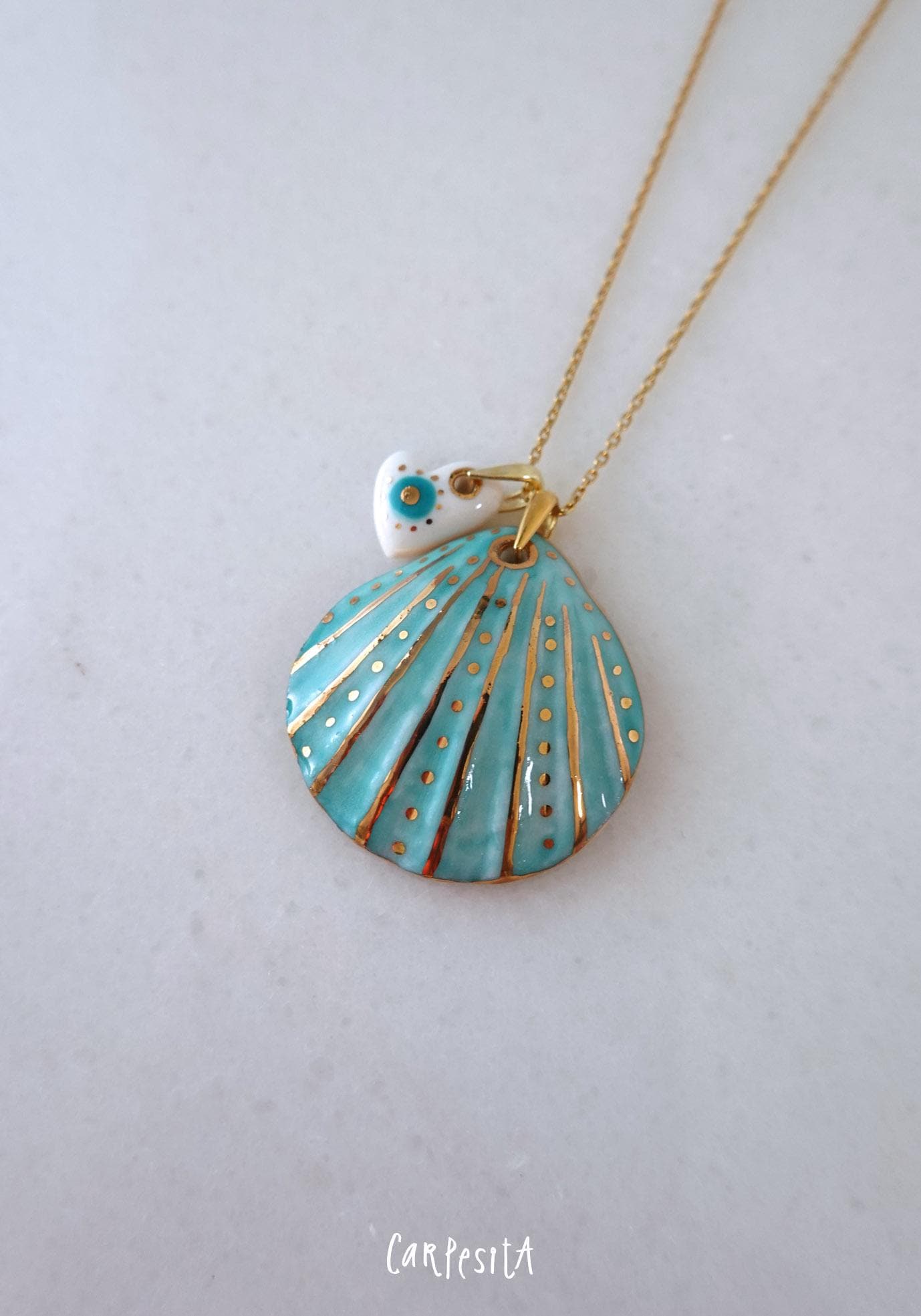 Porcelain Green Shell Necklace with Heart Pendant, Handmade Shell, Good Luck Charm, Green Porcelain Shell, Boho Shell Necklace, Green Heart