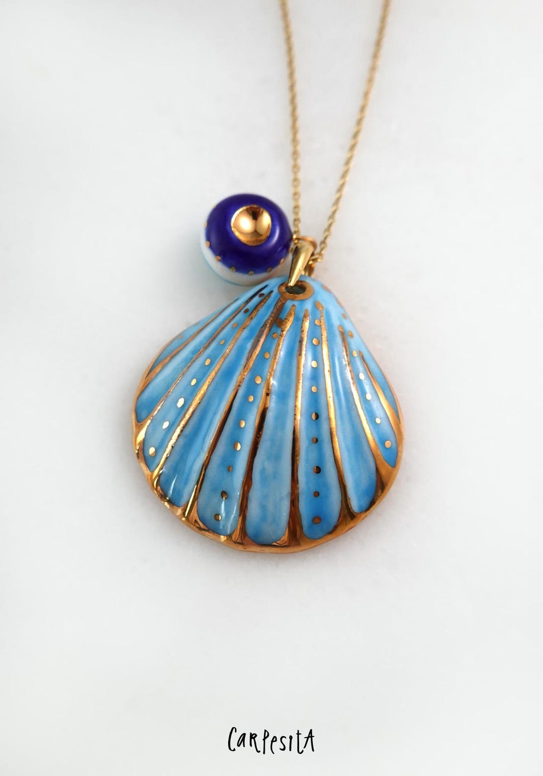 Turquoise Blue Shell Necklace With Evileye Charm, Handmade Porcelain ...