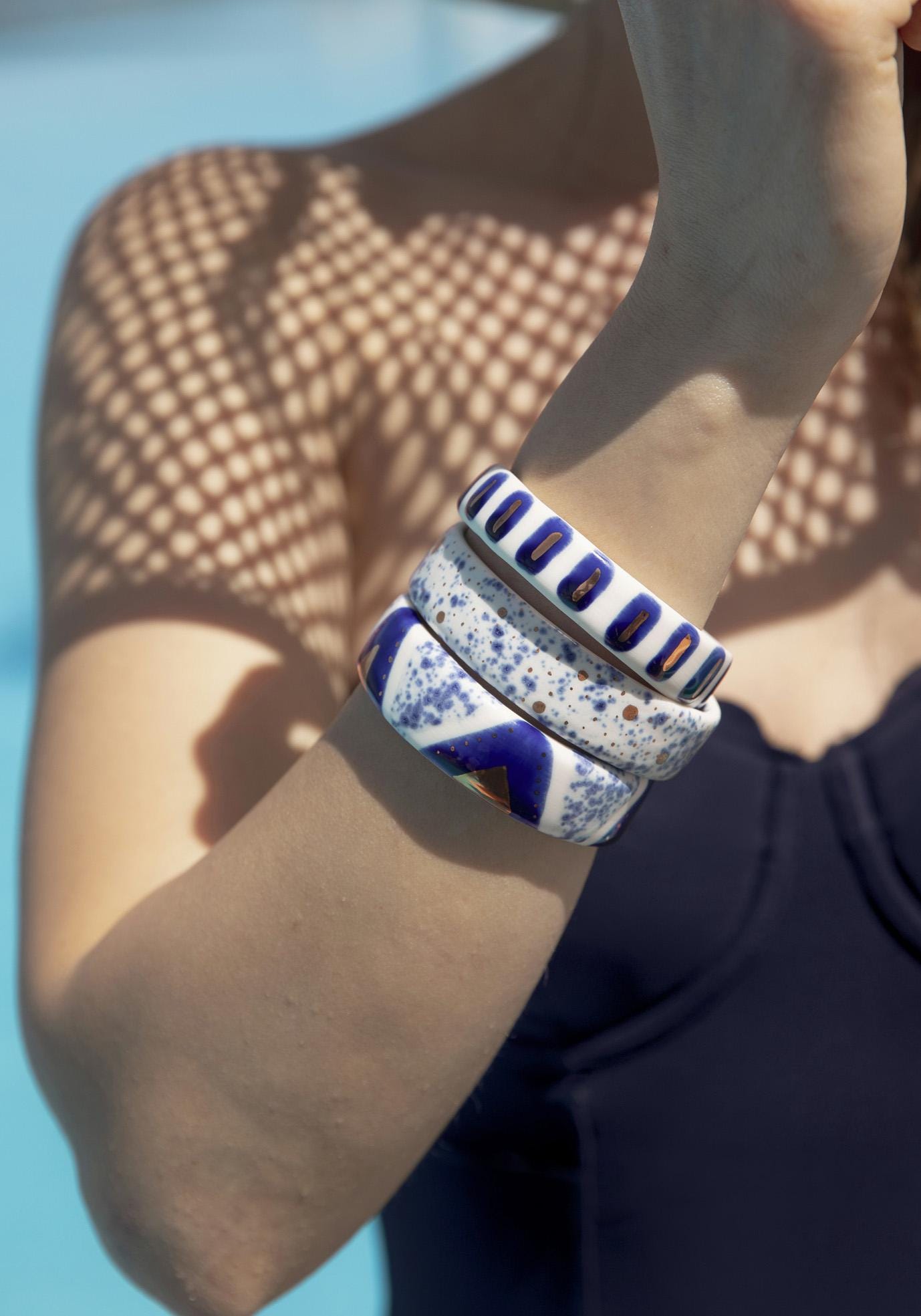 Blue Porcelain Bangle Bracelets, Set of 3, One of a kind Jewelry, Handmade Statement Bangle Set