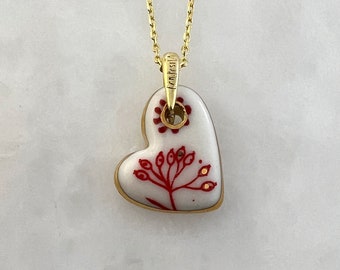 Red Heart Necklace, Flower Pendant, Porcelain Love Necklace, Porcelain Heart Pendant, Porcelain Jewelry, Gift of Love, Valentine's Day Gift