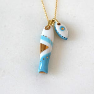 Porcelain Sardine Blue Fish Necklace with Evileye Charm, Turquoise Fish, Handmade Jewelry, Good Luck Charm, Talisman, Sardine Fish Necklace