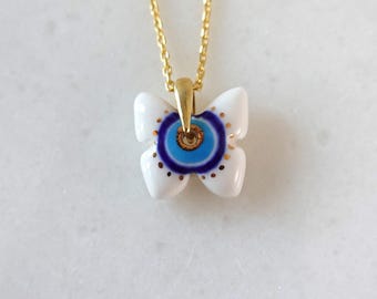 Butterfly Porcelain Evil Eye Necklace, Butterfly Jewelry, Good Luck Charm, Porcelain Jewelry, Talisman, Amulet, Turkish Eye
