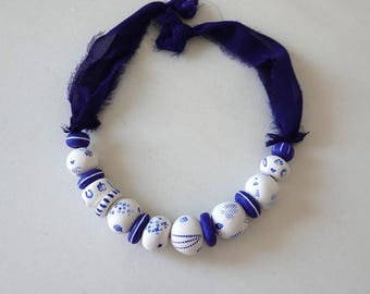 Handcrafted  Porcelain Necklace, White and Navy Blue, Good Luck Charm, One of a Kind Jewelry