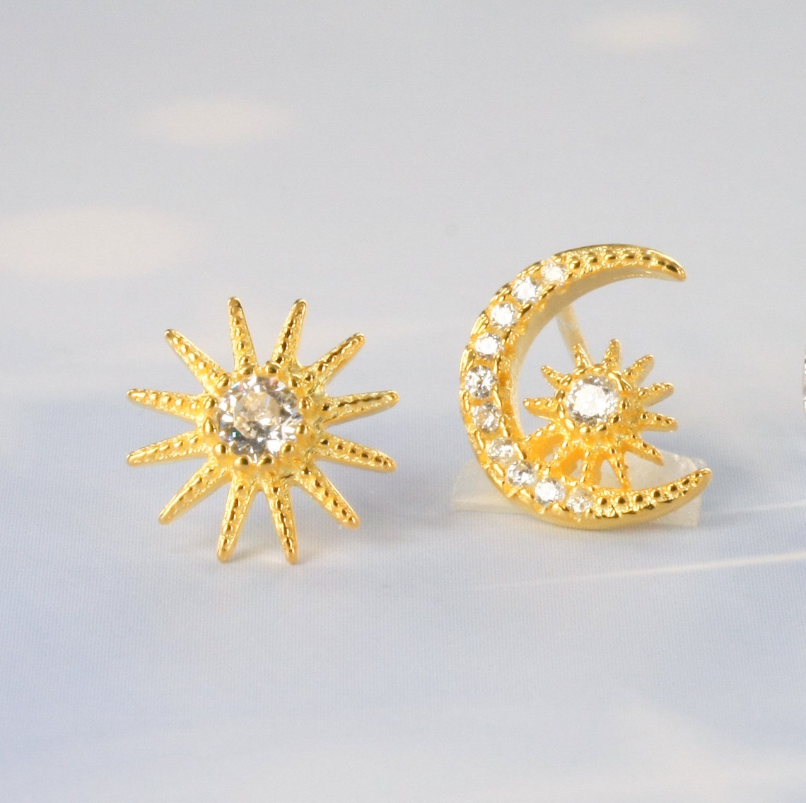 Sun Moon Stud Earrings Pair Cubic Zirconia 14K Yellow Gold | Etsy