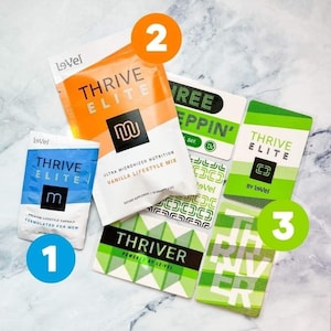 May include: Three different Thrive Elite products from Level. The first is a blue packet labeled "Thrive Elite" with a white "M" inside a circle. The second is an orange packet labeled "Thrive Elite" with a white "NU" inside a circle. The third is a green card labeled "Thrive Elite" with a white "CD" inside a circle.