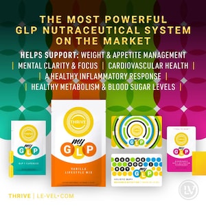 May include: An advertisement for a nutraceutical system. The image features various product packages and cards with the text "my GLP" and "THRIVE." The text on the image states the product helps support weight and appetite management, mental clarity, and cardiovascular health.