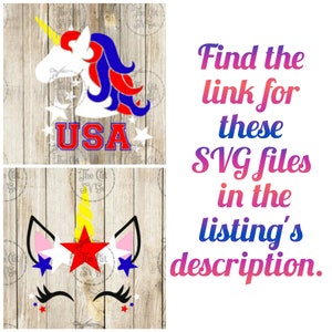 May include: Two digital designs featuring a unicorn with red, white, and blue stars and the word "USA". The second design features a unicorn with a red star and white and blue stars around its eyes.