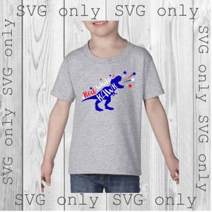 May include: A gray t-shirt with a blue dinosaur silhouette and the text "Red white & RAWr" in red, white, and blue. There are red, white, and blue stars and fireworks around the dinosaur.