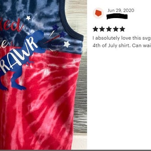 May include: Red, white, and blue tie-dye tank top with a dinosaur graphic and the text "Red White Rawr".